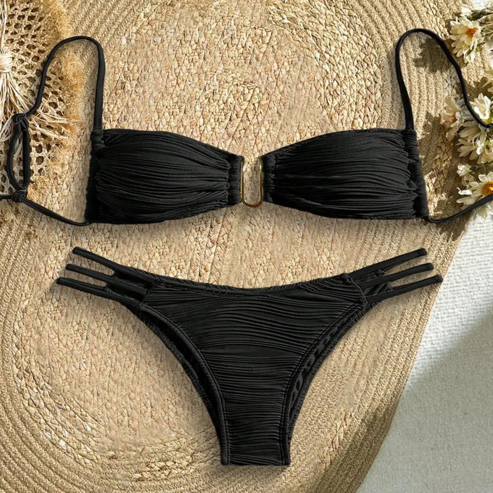 2Pcs/Set Women Split Swimsuit Bikini Set Sling Bandeau Padded Bra Wrinkle Texture Briefs Set Fashion Sexy Beachwear