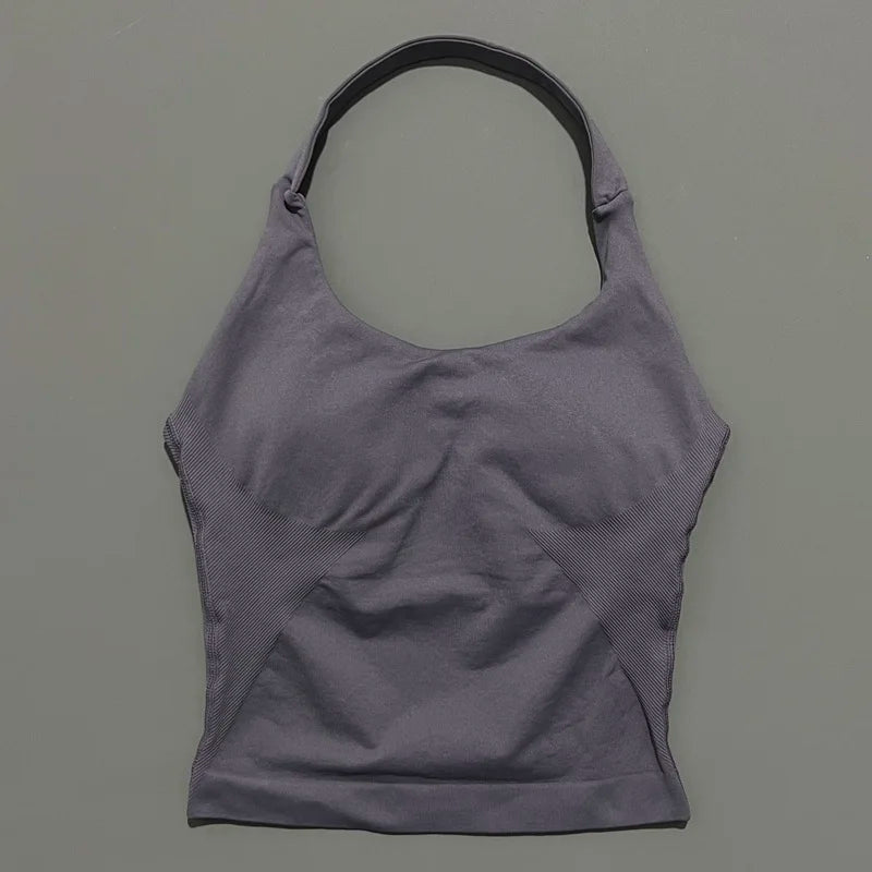 HISTELLO Impact Halter Top Women Backless Push Up Seamless High Support Bust Lift Slim Fit Gym Pilates Fitness Sports Vest