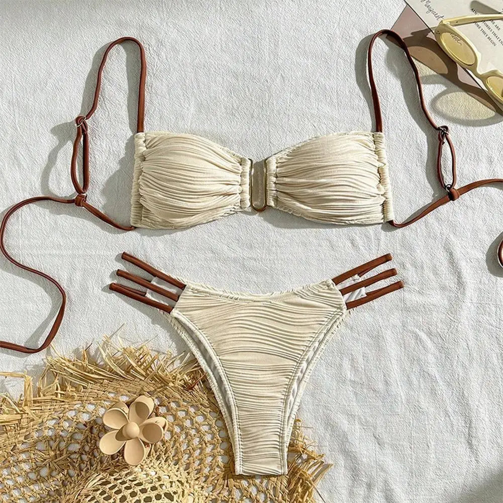 2Pcs/Set Women Split Swimsuit Bikini Set Sling Bandeau Padded Bra Wrinkle Texture Briefs Set Fashion Sexy Beachwear