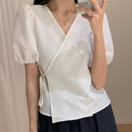 Blouses Women Summer Korean Style V-neck Design Simple Puff Sleeve Leisure Lace-up All-match Vintage Elegant Daily Trendy Tops