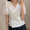 Blouses Women Summer Korean Style V-neck Design Simple Puff Sleeve Leisure Lace-up All-match Vintage Elegant Daily Trendy Tops