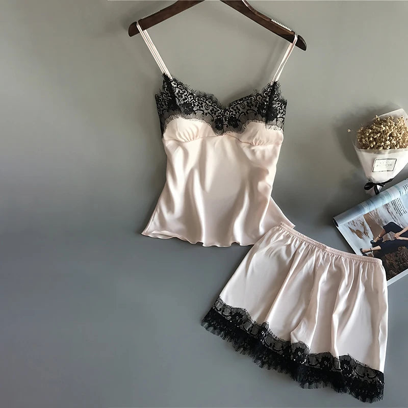 Sexy Lace Pajamas Suit Women V-Neck Sleepwear Lingerie Casual Nightwear