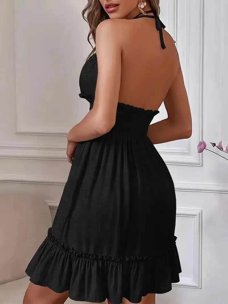 Summer New Vestidos Women Trendy Dress V Neck Sleeveless Halter Backless Sundress Ruffles Holiday Beach Dresses