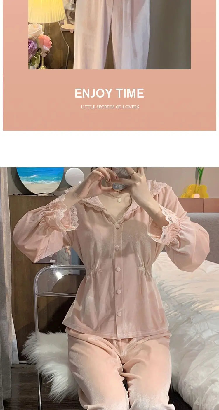 Velvet Pajama Sets Women Sweet Lace Aesthetic Chic Sleepwear Retro French Style Elegant Feminine Autumn Winter Cozy Home Pajamas