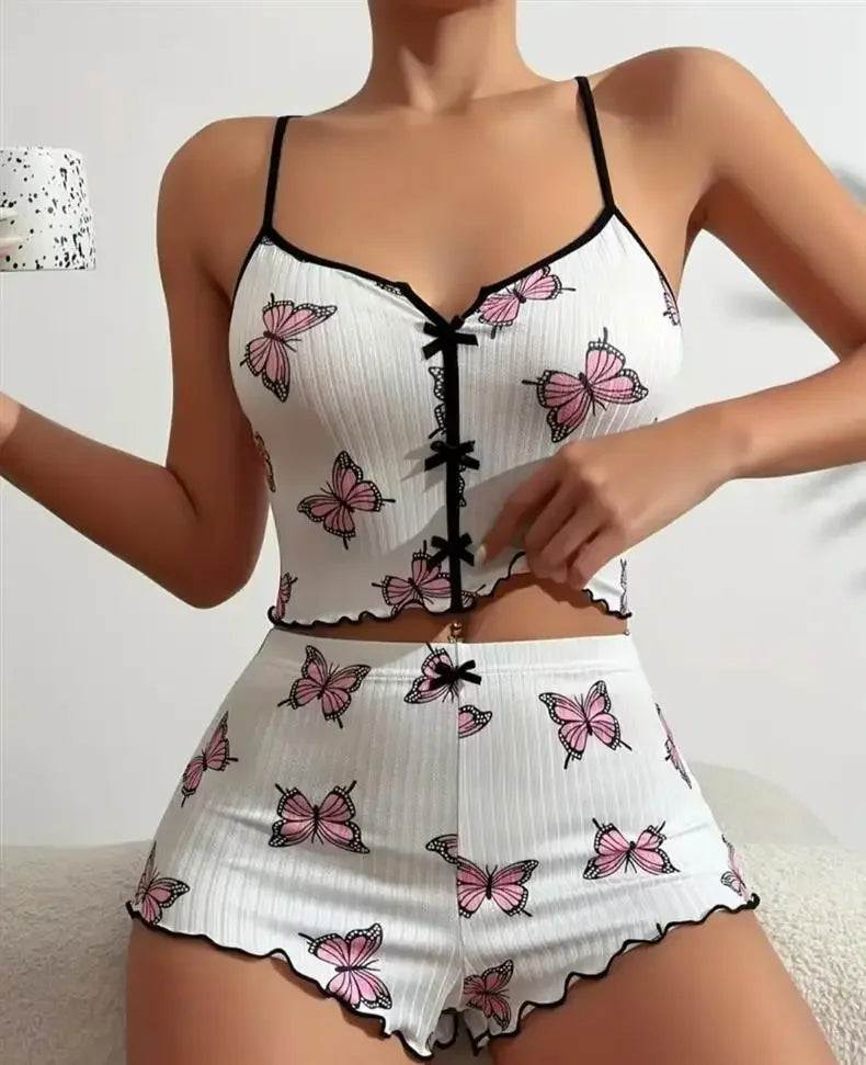 New Hot Sale Of The Season Heart Print Color Block Sleepwear Set with Front Slit Strap Design Comfortable Spandex Nightgown Wome