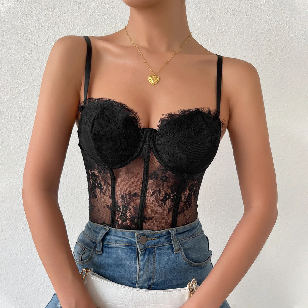 Sexy Black Lace See-through Corset Summer Fashion Streetwear Women's Crop Tank Top Ladies Halter Tops Bustier Lingerie Camisole