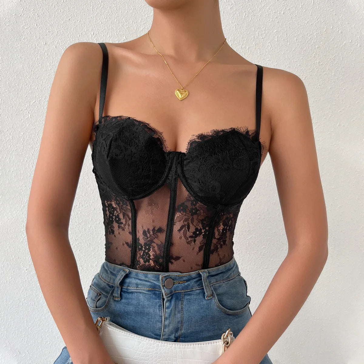 Sexy Black Lace See-through Corset Summer Fashion Streetwear Women's Crop Tank Top Ladies Halter Tops Bustier Lingerie Camisole