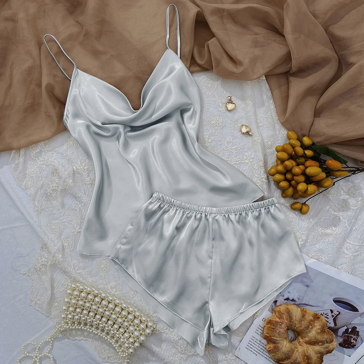 Solid Satin Pajama Set  V Neck Cami Top   Elastic Waistband Shorts Women's Sleepwear  Loungewear