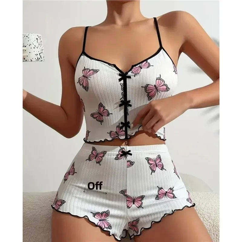 New Hot Sale Of The Season Heart Print Color Block Sleepwear Set with Front Slit Strap Design Comfortable Spandex Nightgown Wome
