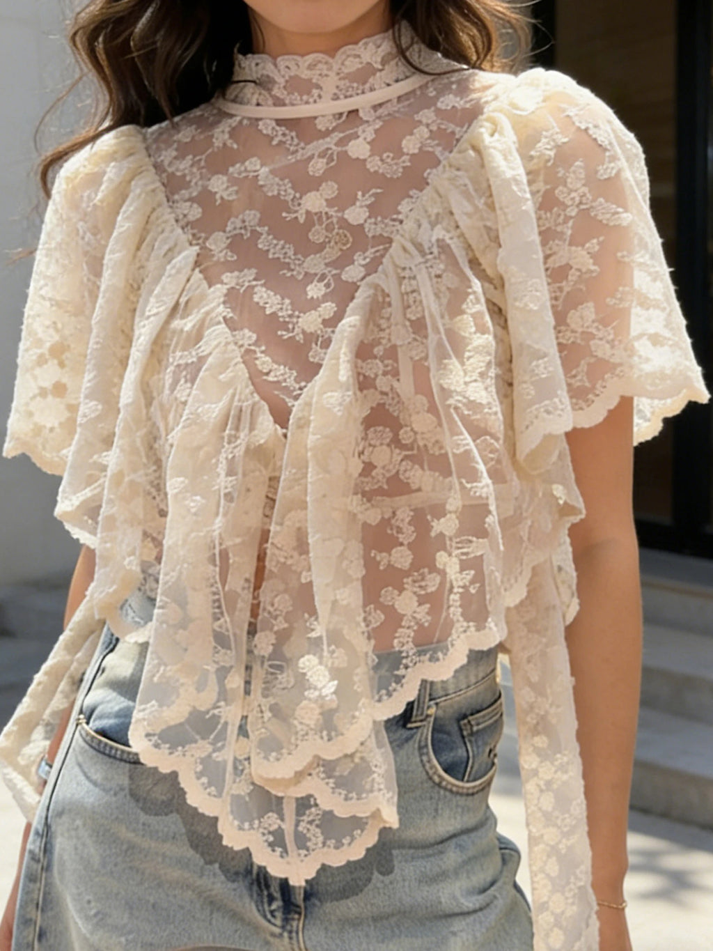 Women Y2K Fairy Mesh See Through Casual High Neck Looseshawls Floral Lace Embroidery Shawl Tops Asymmetrical Streetwear
