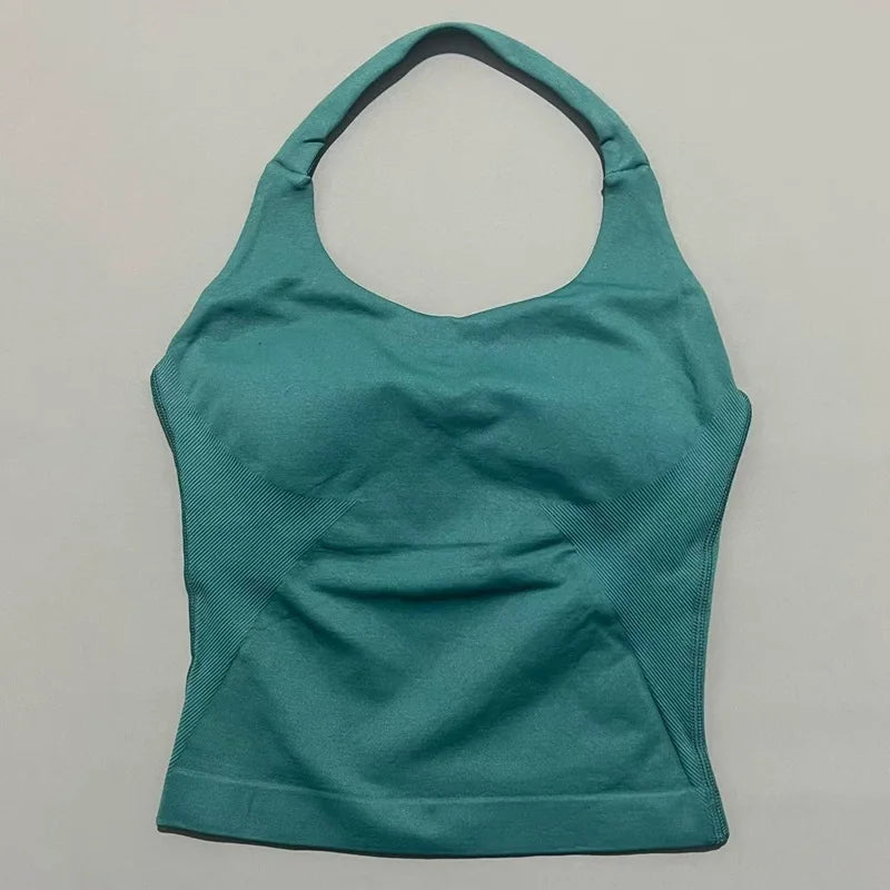 HISTELLO Impact Halter Top Women Backless Push Up Seamless High Support Bust Lift Slim Fit Gym Pilates Fitness Sports Vest