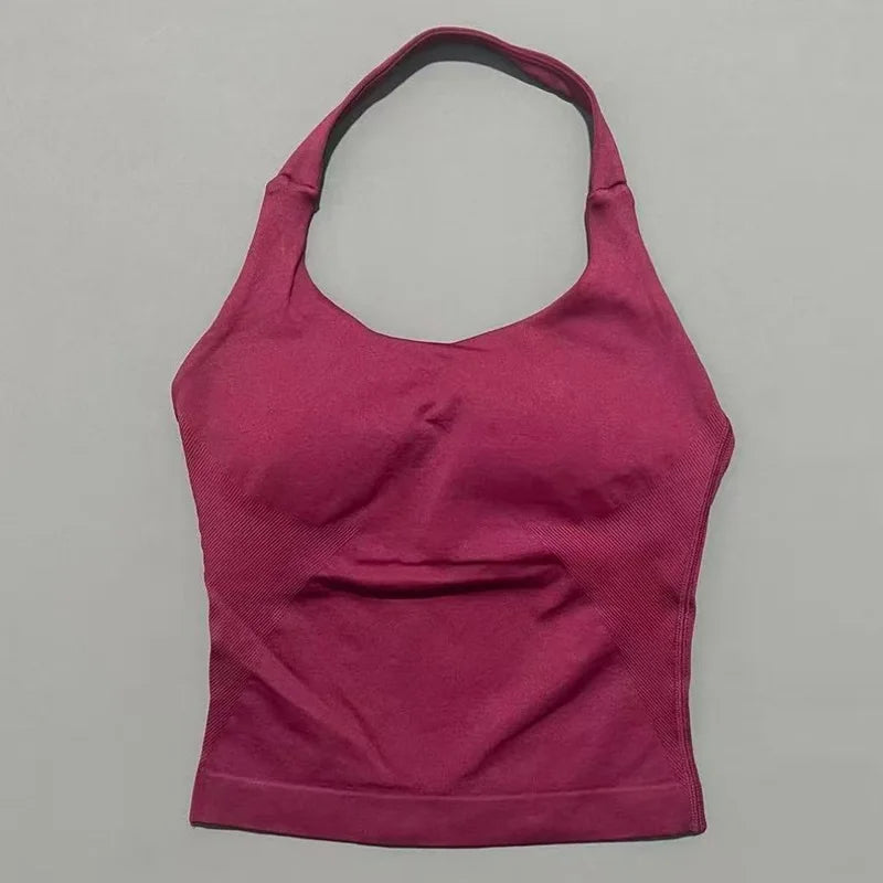HISTELLO Impact Halter Top Women Backless Push Up Seamless High Support Bust Lift Slim Fit Gym Pilates Fitness Sports Vest