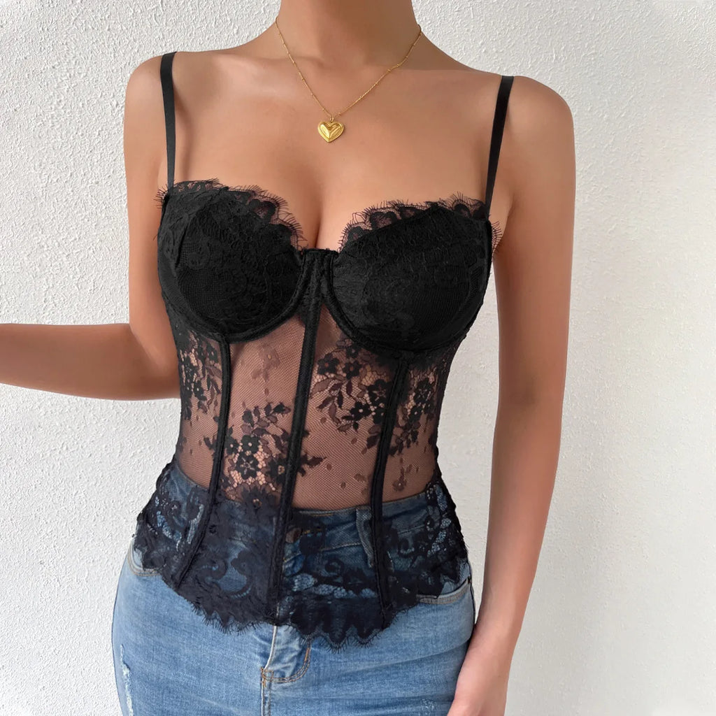 Sexy Black Lace See-through Corset Summer Fashion Streetwear Women's Crop Tank Top Ladies Halter Tops Bustier Lingerie Camisole
