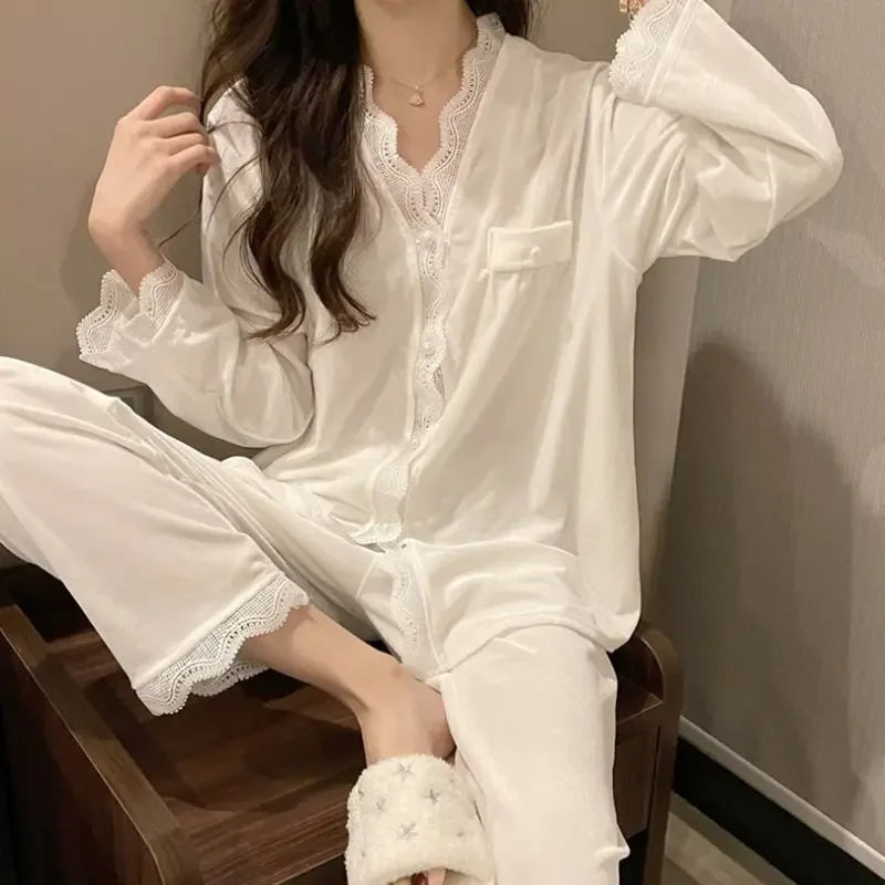 Velvet Pajama Sets Women Sweet Lace Aesthetic Chic Sleepwear Retro French Style Elegant Feminine Autumn Winter Cozy Home Pajamas