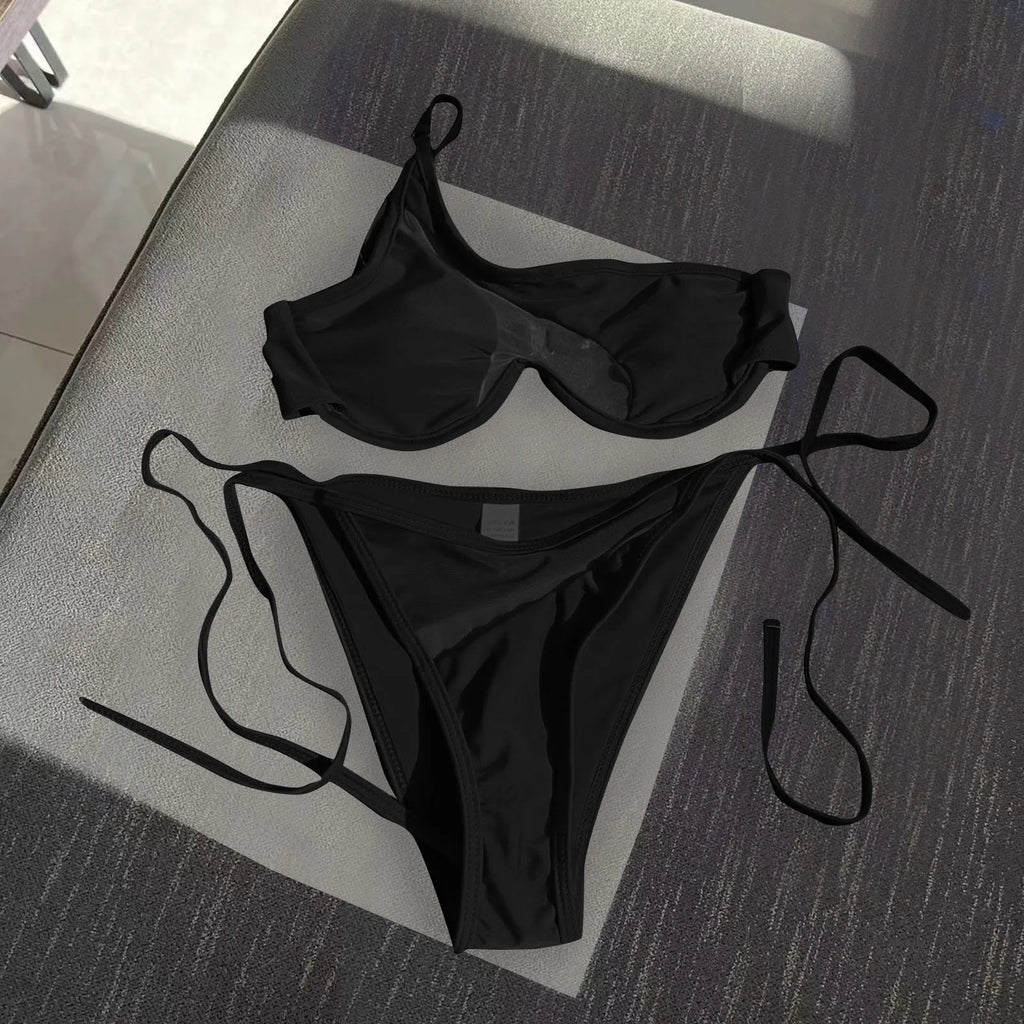 Sexy Mesh Patchwork Bikini Set Swimsuit For Women Underwire Push Up Swimwear One Shoulder Bathing Suit Seaside Bather Beachwear