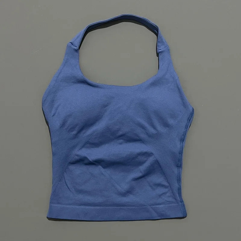 HISTELLO Impact Halter Top Women Backless Push Up Seamless High Support Bust Lift Slim Fit Gym Pilates Fitness Sports Vest
