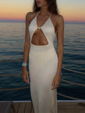 Sexy Knit Halter V Neck Slit Beach Maxi Dress For Women 2026 Chic Button Cut Out Backless Party Dresses Swimwear Cover Up A3151