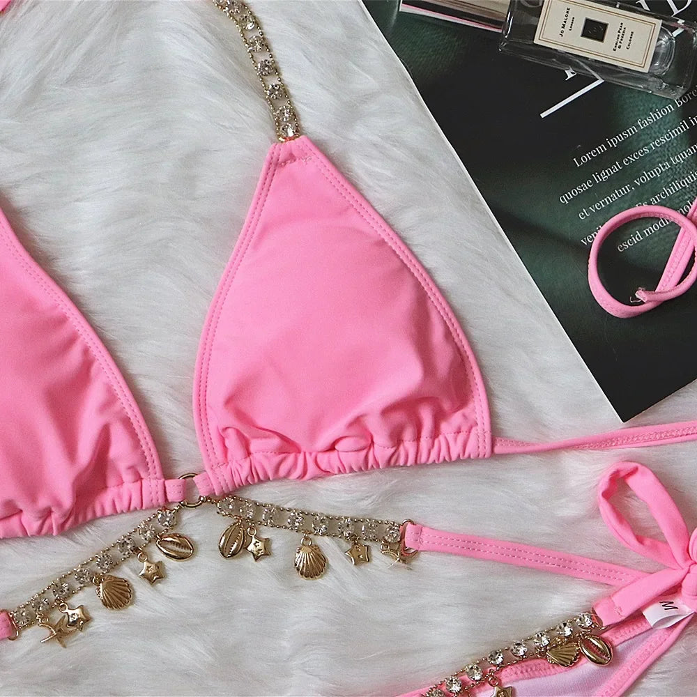 Sexy Luxury Bikini 2022 Women Crystal Rhinestones Push Up Micro Swimsuit Neon Orange Metal Chain Diamond High Cut Thong Swimwear