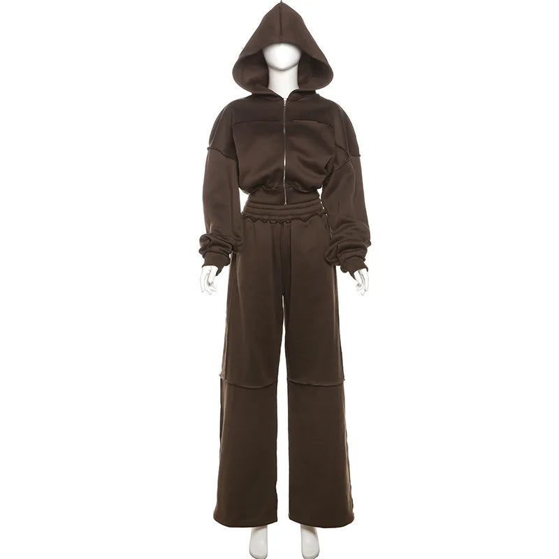 Autumn Winter Casual Hoodie Two Piece Set Women Trendy Sports Style Hooded Cardigan Wide Legs Trousers 2 Piece Sets Female New