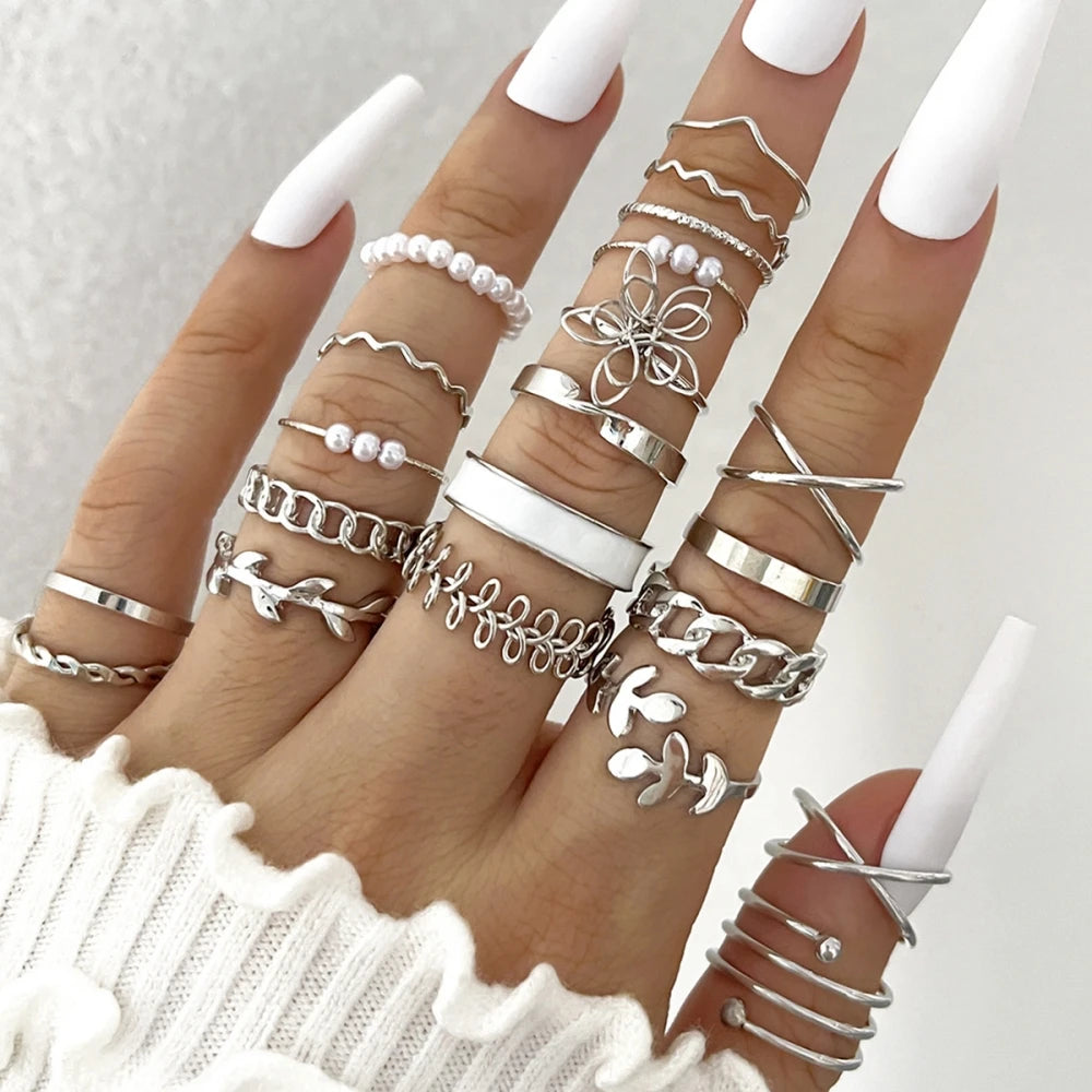 22 Pcs Vintage Gold Color Heart Butterfly Rings Set for Women Boho Metal Geometric Spiral Shape Imitation Pearl Ring Trendy Jewe