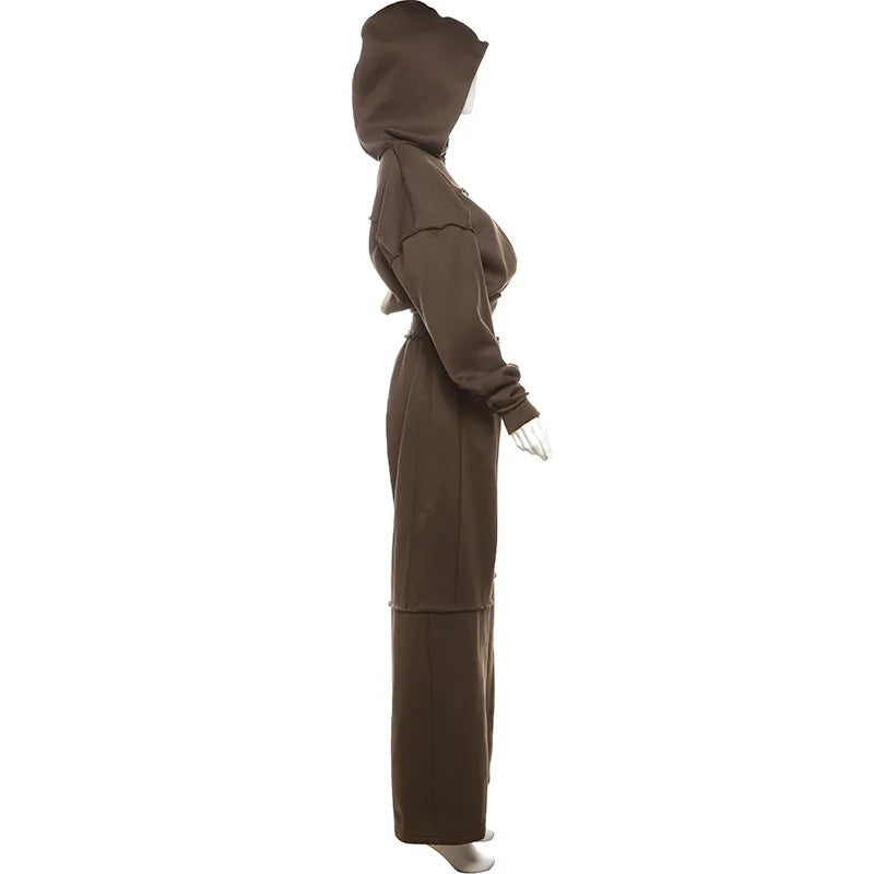 Autumn Winter Casual Hoodie Two Piece Set Women Trendy Sports Style Hooded Cardigan Wide Legs Trousers 2 Piece Sets Female New