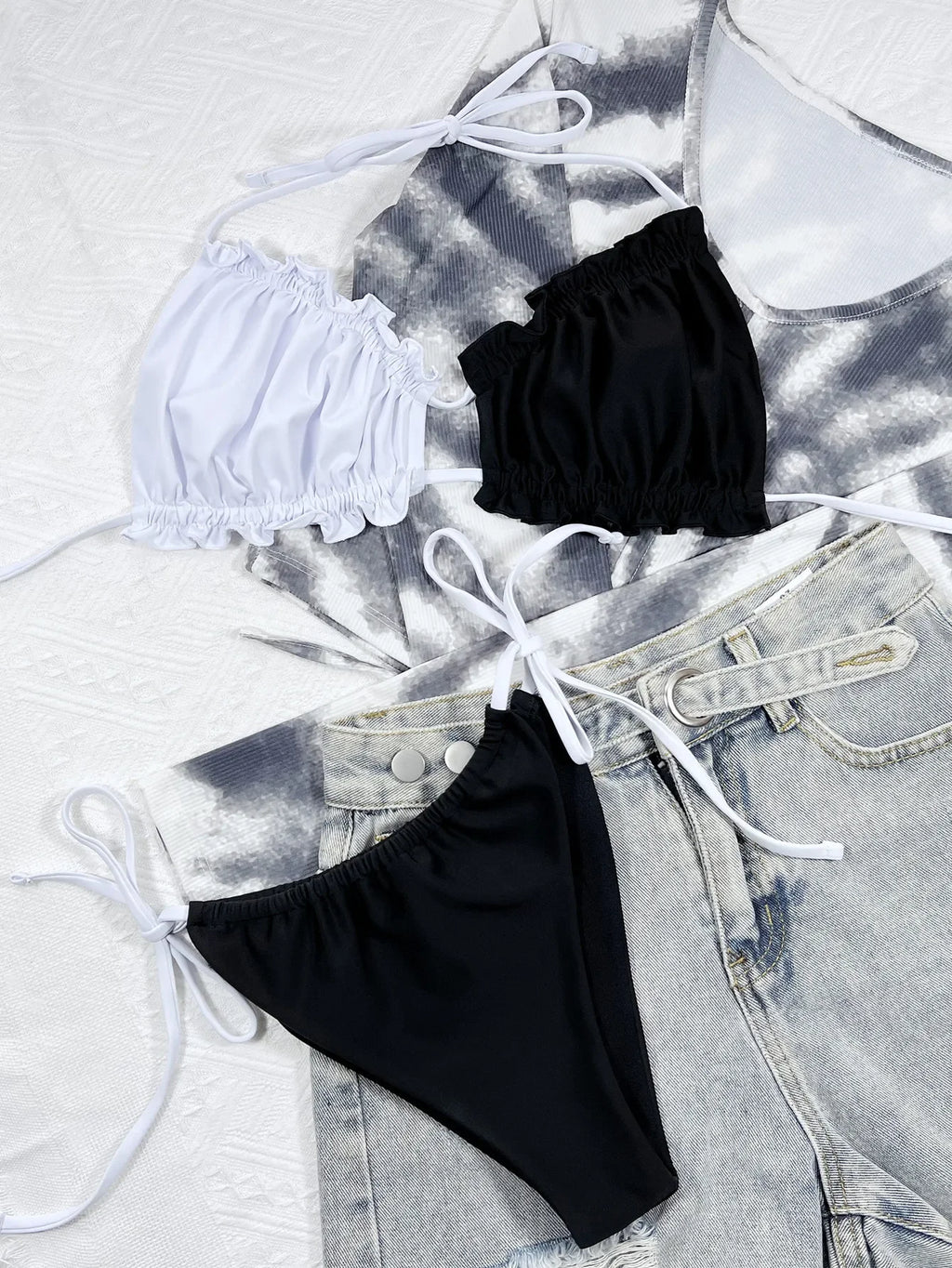 Bikini 2026 Sexy Swimwear Swimsuit Women Pleated Hollow Halter Bikinis Set Bathing Suit Beach Bikini Black and White Block Color