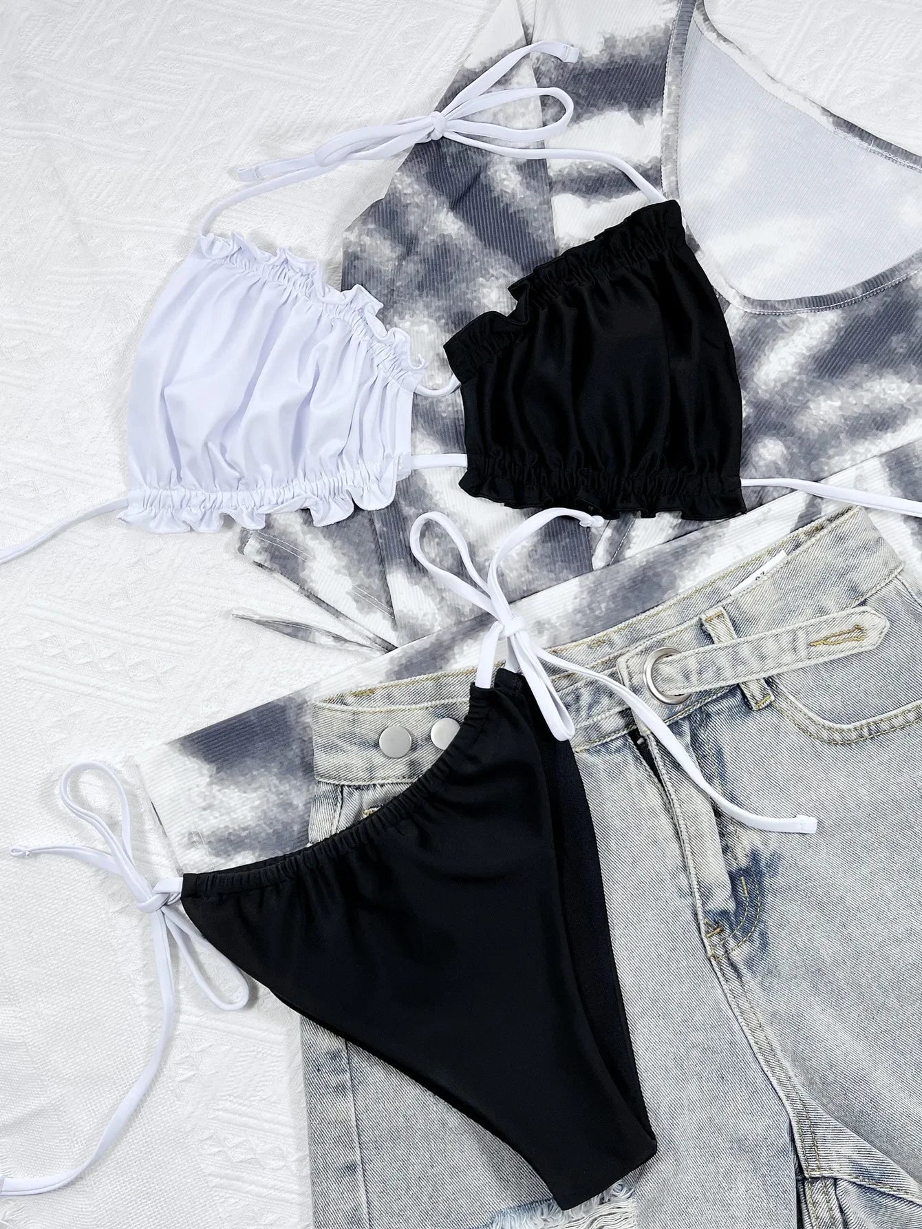 Bikini 2026 Sexy Swimwear Swimsuit Women Pleated Hollow Halter Bikinis Set Bathing Suit Beach Bikini Black and White Block Color