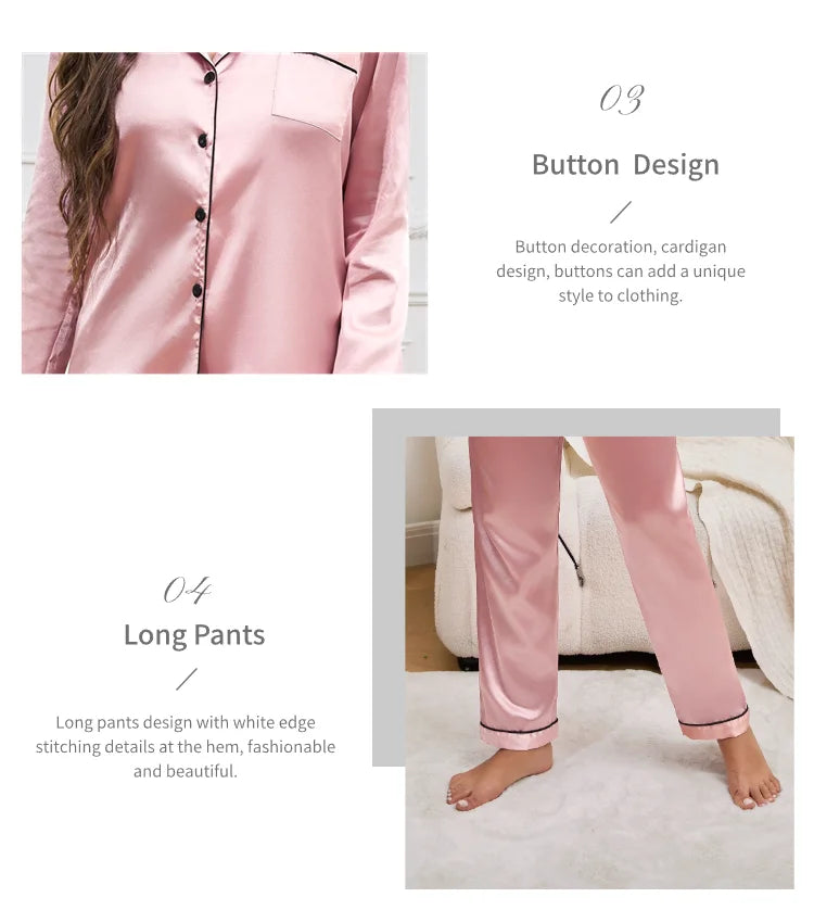 2026 New Women's Pajamas Autumn Luxurious Satin Long Sleeve Pajama Set Elegant Lapel Collar Top Long Pants Sleepwear Loungewear