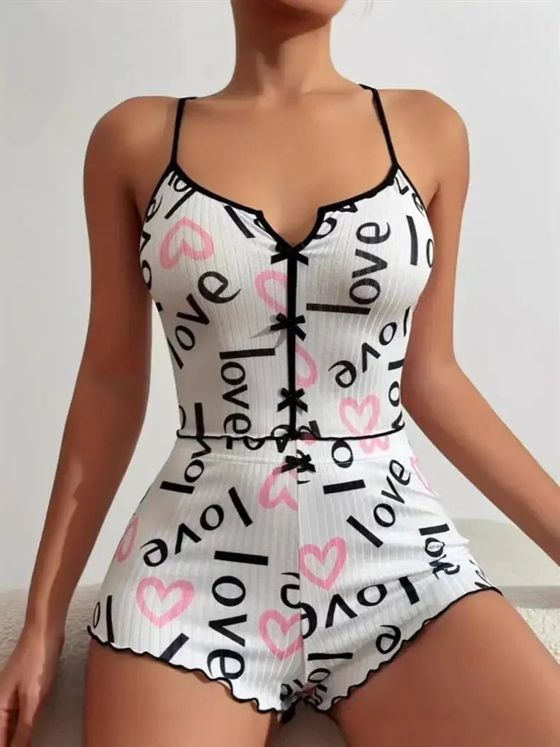 New Hot Sale Of The Season Heart Print Color Block Sleepwear Set with Front Slit Strap Design Comfortable Spandex Nightgown Wome