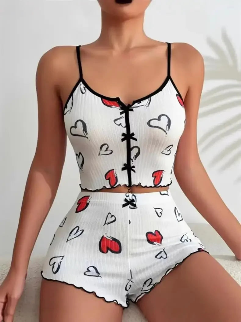 New Hot Sale Of The Season Heart Print Color Block Sleepwear Set with Front Slit Strap Design Comfortable Spandex Nightgown Wome