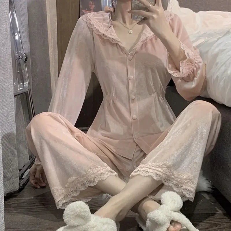 Velvet Pajama Sets Women Sweet Lace Aesthetic Chic Sleepwear Retro French Style Elegant Feminine Autumn Winter Cozy Home Pajamas