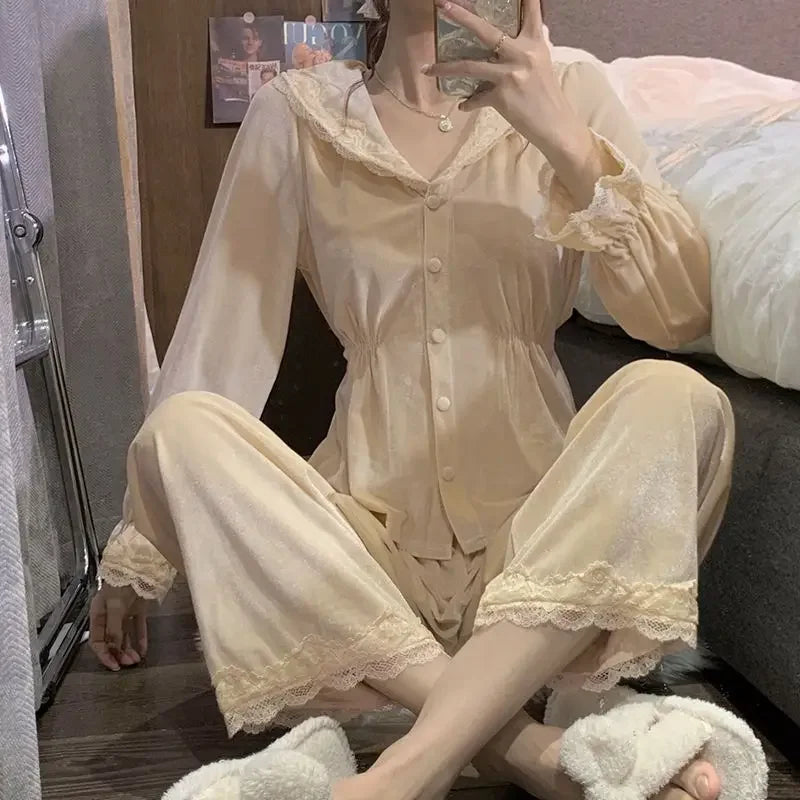 Velvet Pajama Sets Women Sweet Lace Aesthetic Chic Sleepwear Retro French Style Elegant Feminine Autumn Winter Cozy Home Pajamas