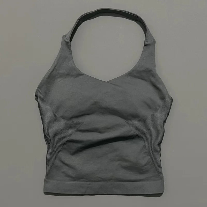 HISTELLO Impact Halter Top Women Backless Push Up Seamless High Support Bust Lift Slim Fit Gym Pilates Fitness Sports Vest