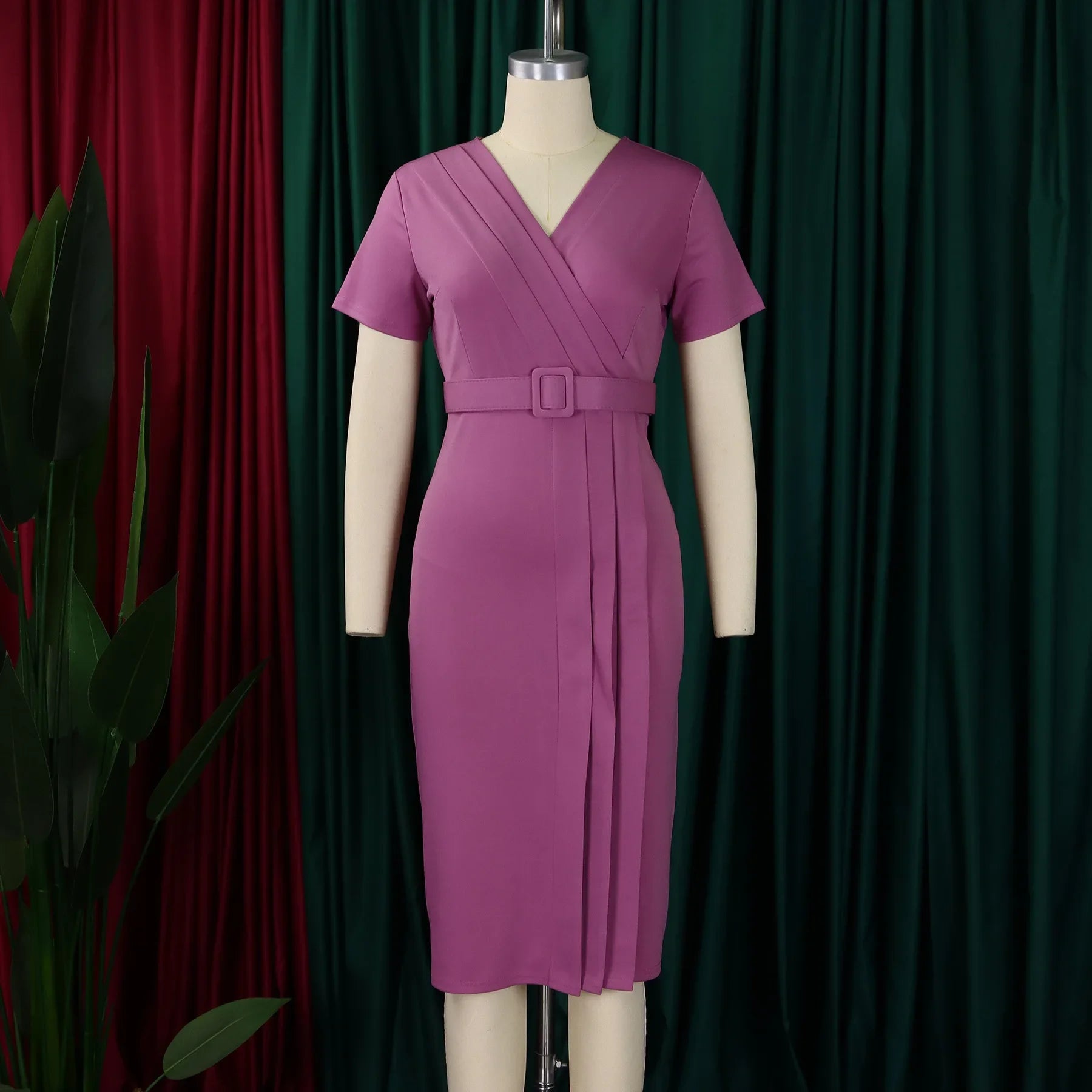 Women Elegant Bodycon Dress Short Sleeves Wrap V Neck Modest Waist Belt Church Dress Outfits Female Summer African Classy Gowns