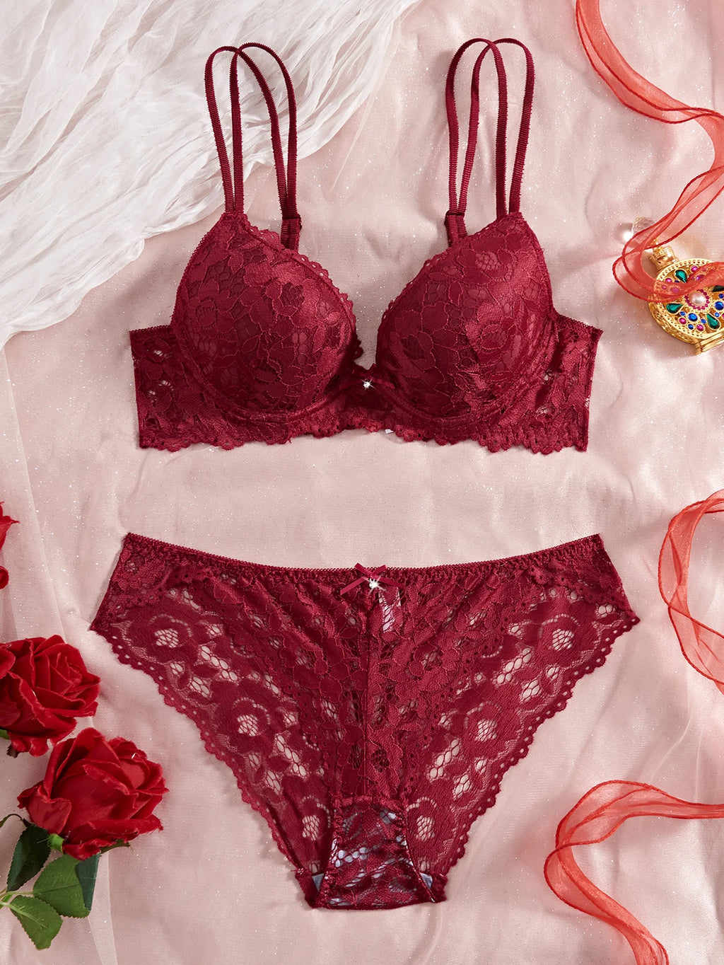 Women's Sexy Lingerie Set Lace Patchwork Solid Color Bowknot Rhinestone Embellished Push-Up Double Shoulder Strap Unlined Comfortable Underwear, Lace Semi-Transparent Breathable Panties