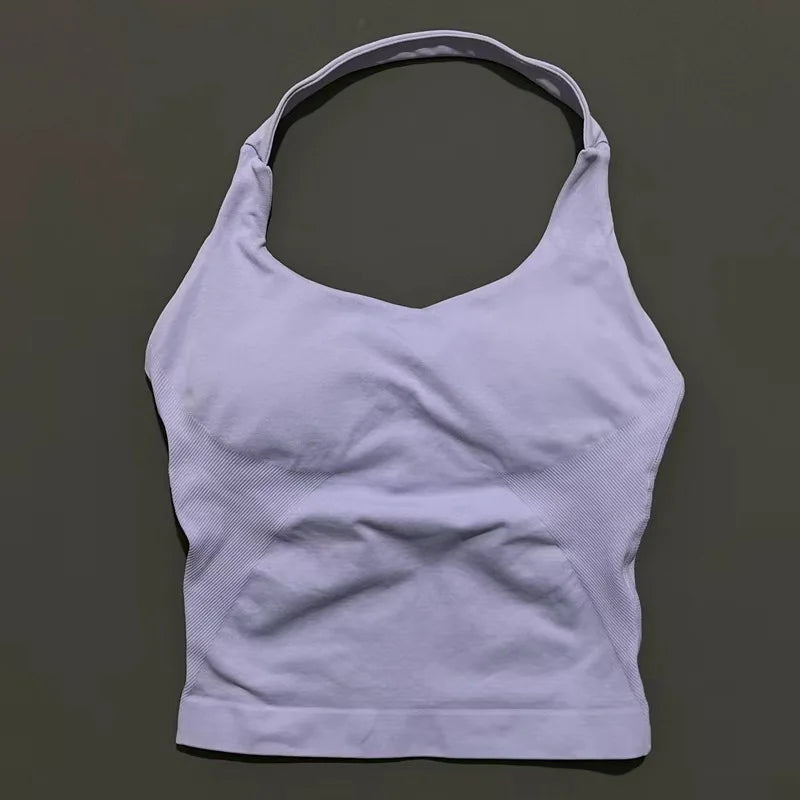 HISTELLO Impact Halter Top Women Backless Push Up Seamless High Support Bust Lift Slim Fit Gym Pilates Fitness Sports Vest