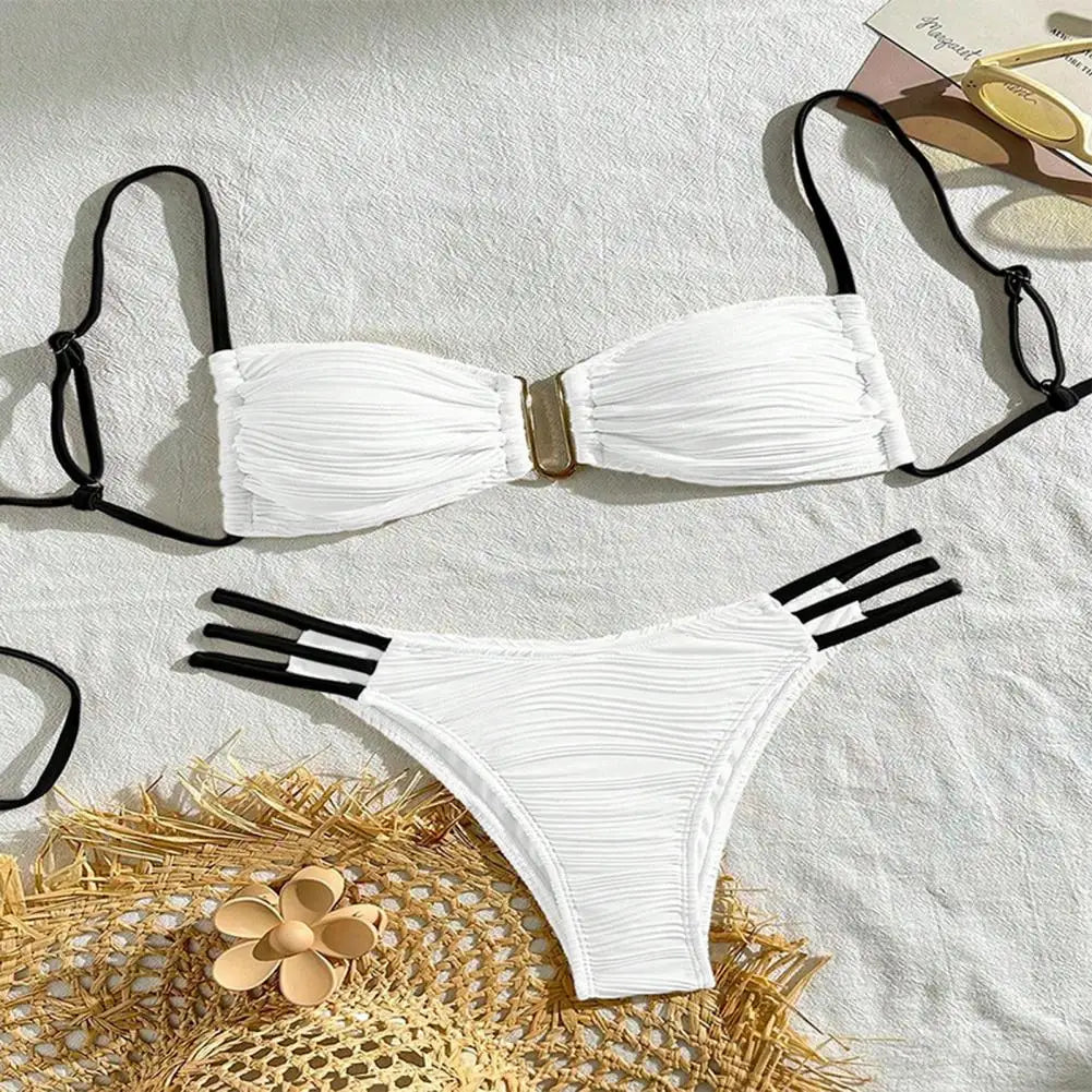 2Pcs/Set Women Split Swimsuit Bikini Set Sling Bandeau Padded Bra Wrinkle Texture Briefs Set Fashion Sexy Beachwear