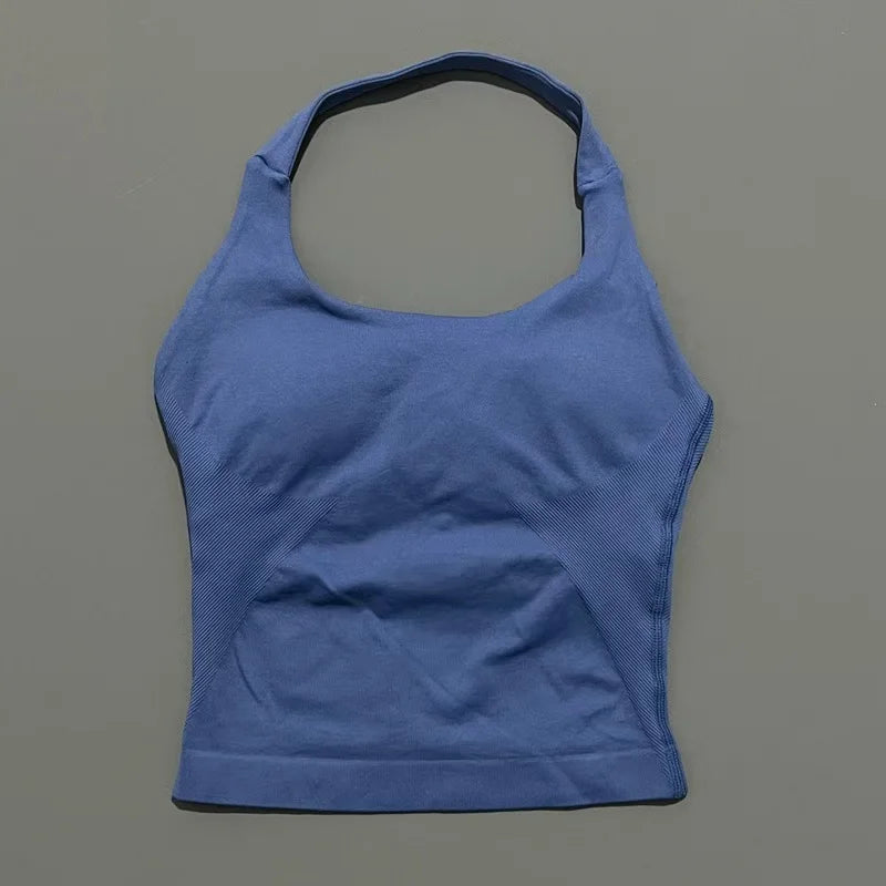 HISTELLO Impact Halter Top Women Backless Push Up Seamless High Support Bust Lift Slim Fit Gym Pilates Fitness Sports Vest