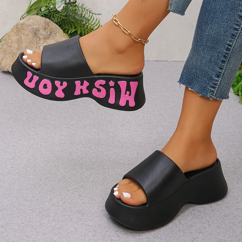 Fashion Letter Print Platform Slippers Women EVA Soft Thick Bottom Wedge Sandals for Woman Summer Non Slip Outdoor Beach Slides