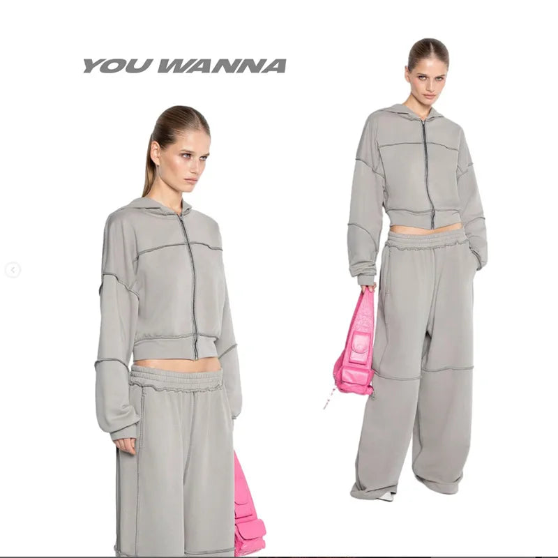 Autumn Winter Casual Hoodie Two Piece Set Women Trendy Sports Style Hooded Cardigan Wide Legs Trousers 2 Piece Sets Female New