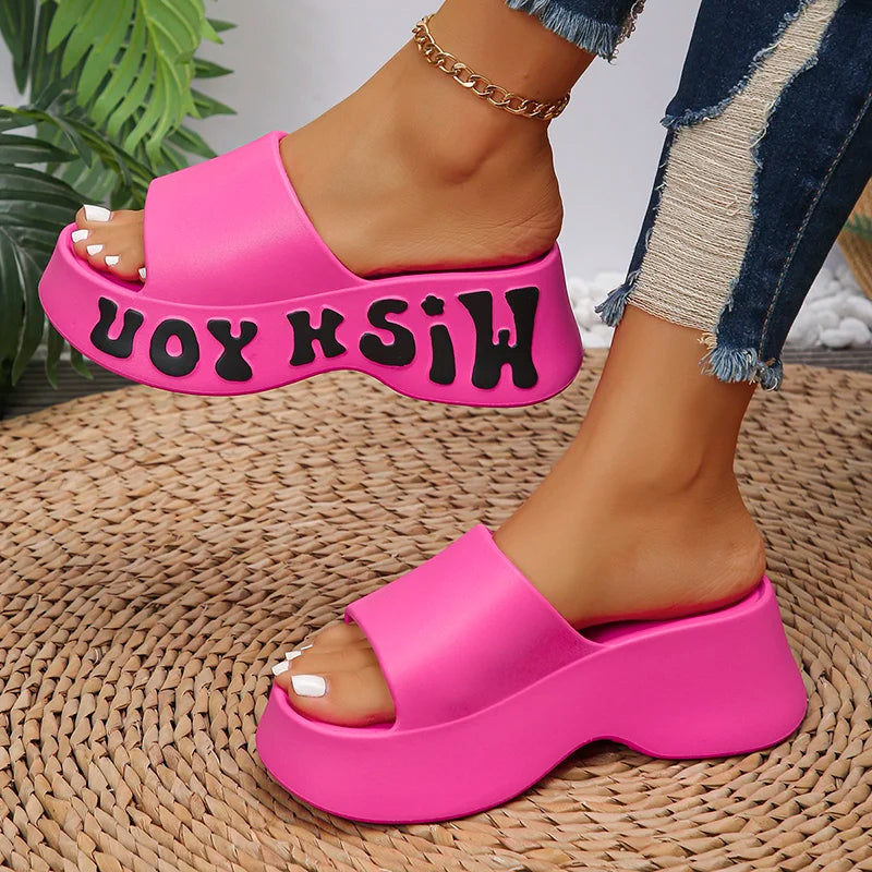 Fashion Letter Print Platform Slippers Women EVA Soft Thick Bottom Wedge Sandals for Woman Summer Non Slip Outdoor Beach Slides