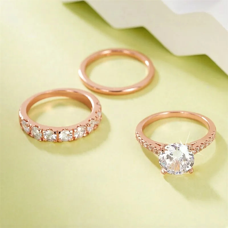 Huitan Gorgeous 3Pcs Set of Rings Female Luxury Shiny Round Zirconia Finger Jewelry Fashion Gold Color Accessories for Wedding