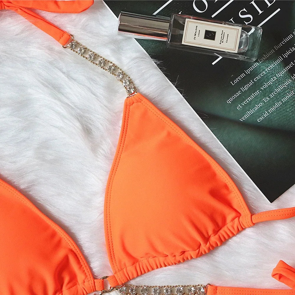 Sexy Luxury Bikini 2022 Women Crystal Rhinestones Push Up Micro Swimsuit Neon Orange Metal Chain Diamond High Cut Thong Swimwear