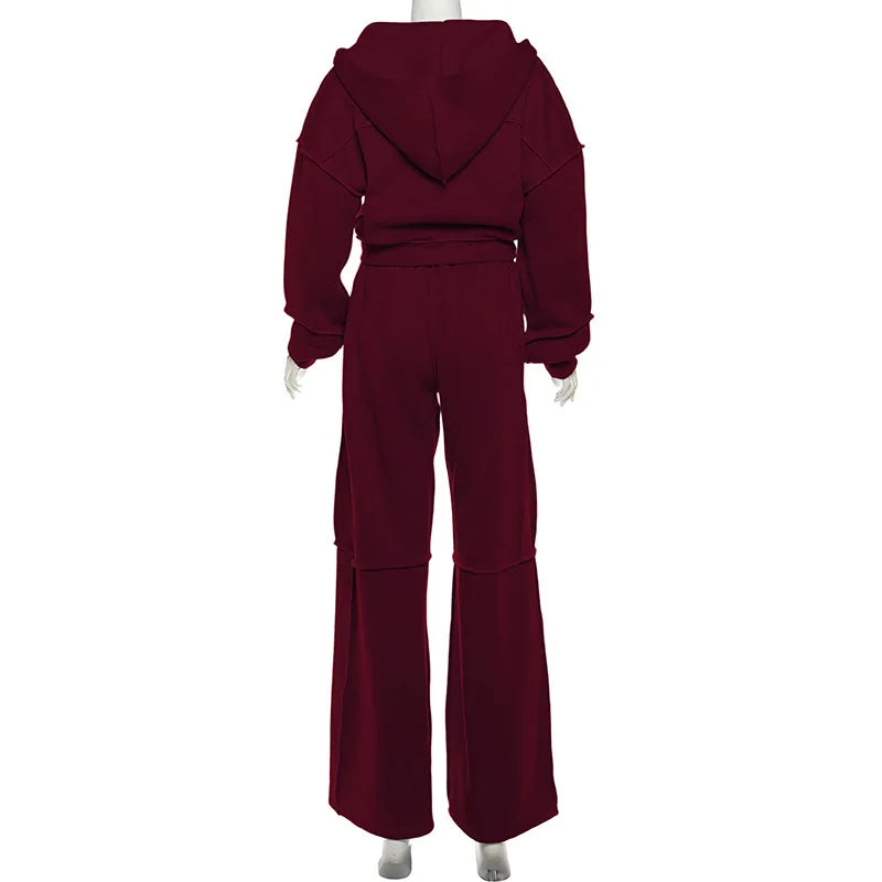Autumn Winter Casual Hoodie Two Piece Set Women Trendy Sports Style Hooded Cardigan Wide Legs Trousers 2 Piece Sets Female New