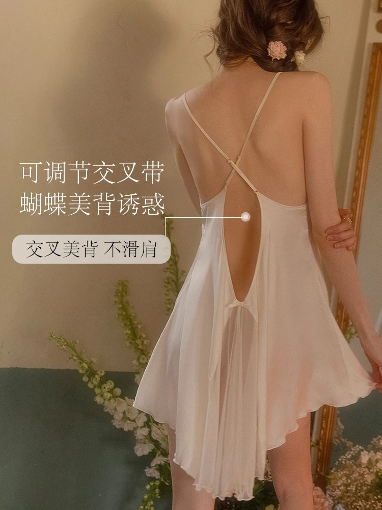 Women's Sleepwear Gather Bra Nightgown Underwear Hot Sling Nightdress Front Split Silk Dress with Panty Mesh Lace Sexy Pajamas