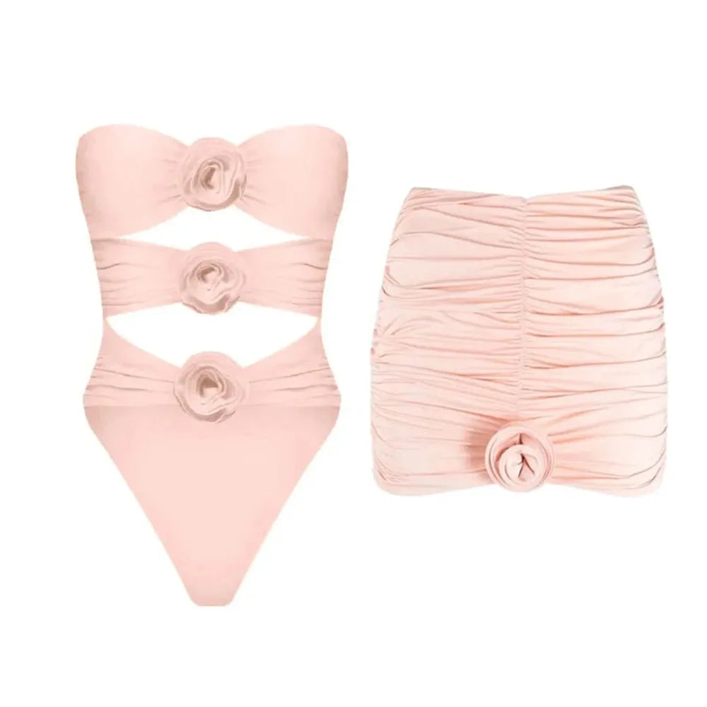 2024 Black Pink Flower Swimwear With Beach Dress Women Swimsuit Monokini Bodysuit Sexy Bathing Suit Beachwear Summer Suit
