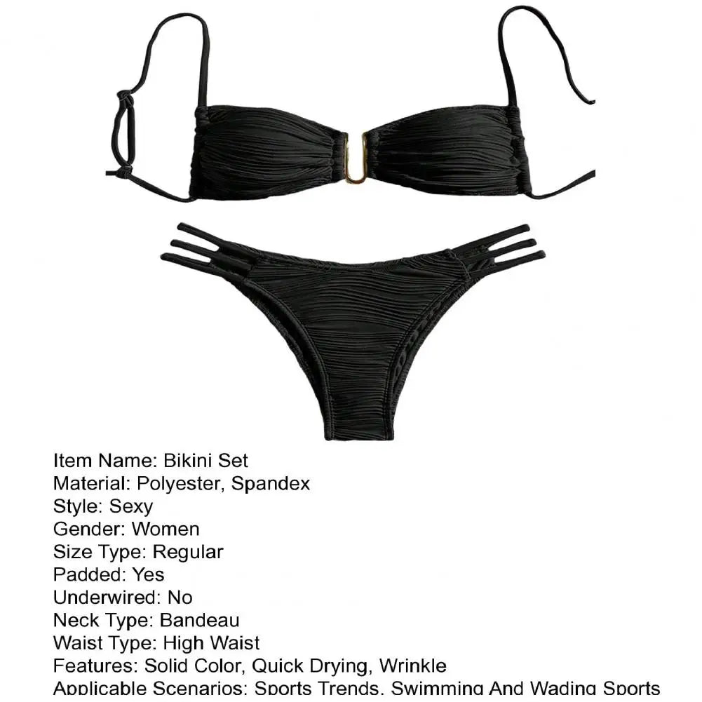 2Pcs/Set Women Split Swimsuit Bikini Set Sling Bandeau Padded Bra Wrinkle Texture Briefs Set Fashion Sexy Beachwear