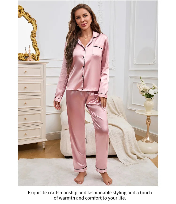 2026 New Women's Pajamas Autumn Luxurious Satin Long Sleeve Pajama Set Elegant Lapel Collar Top Long Pants Sleepwear Loungewear