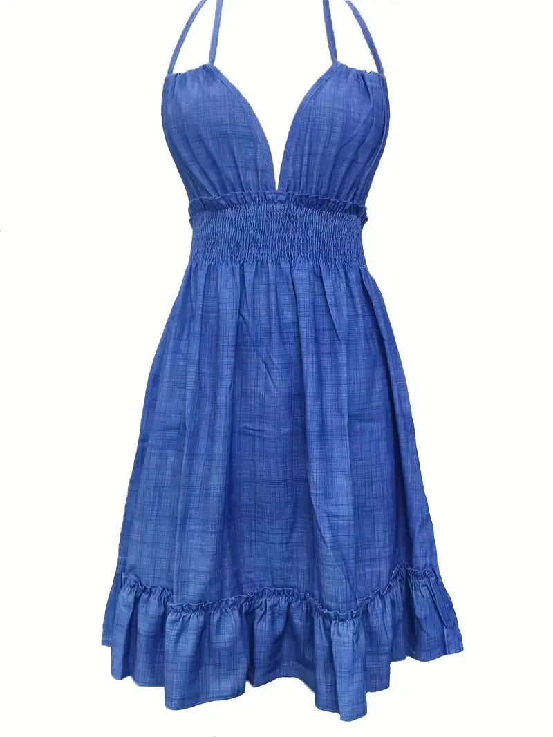 Summer New Vestidos Women Trendy Dress V Neck Sleeveless Halter Backless Sundress Ruffles Holiday Beach Dresses