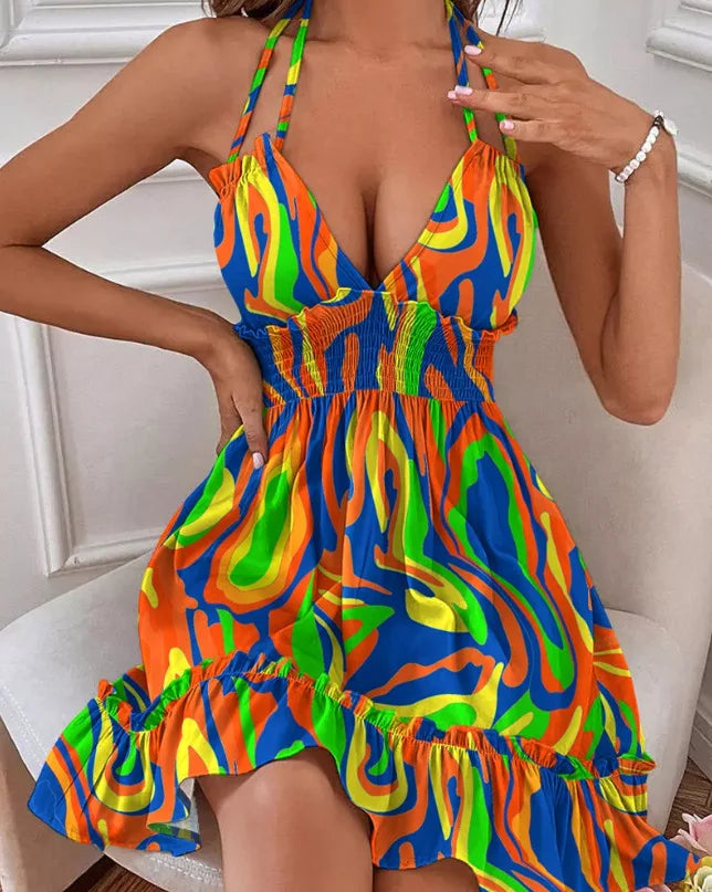 Summer New Vestidos Women Trendy Dress V Neck Sleeveless Halter Backless Sundress Ruffles Holiday Beach Dresses